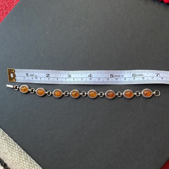 Genuine Amber Gemstone Cabochon Set in Sterling Silver Link Bracelet w/ Clasp - Picture 4 of 4